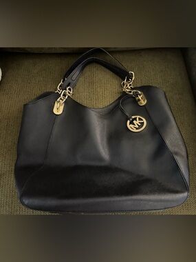 Michael Kors Black Leather Shoulder Bag with Gold MK Charm